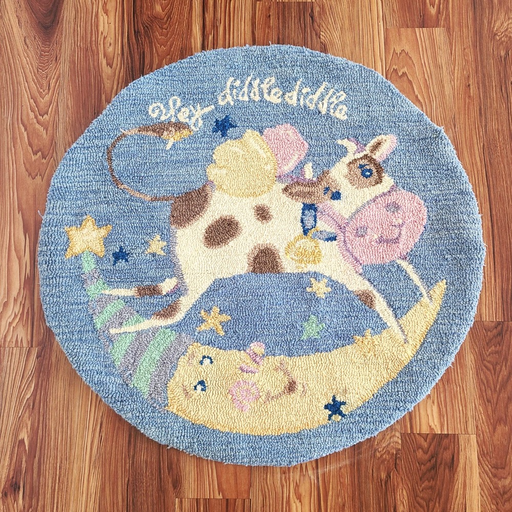 Kidsline‎ 100% Wool Nursery Baby Kids Round Rug 38" Cow Jumping Over Moon Retro